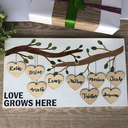 Love Grows Here Wood Sign- Names on 3D Hearts, Personalized Gift for Valentine's or Mother's Day