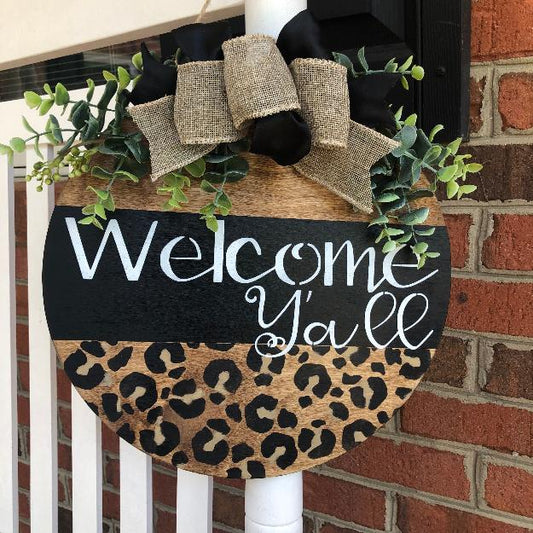 Round Door Hanger | Welcome Y'all Cheetah Print |12-inch Round