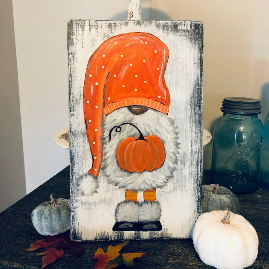 hand painted gnome holding orange pumpkin sign fall wall decor