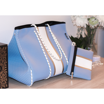 Camille blue neoprene tote with white and gold stripe