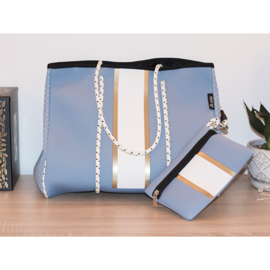 Camille blue neoprene tote with white and gold stripe