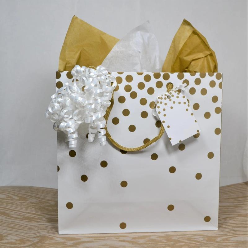 "At-home" Gift Wrap Kit - Gold & White Dots Gift Bag, All Occasion, Complete gift bag kit