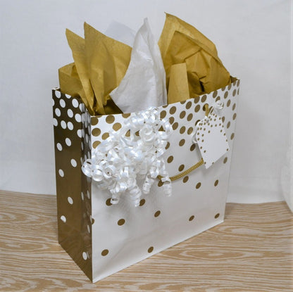 "At-home" Gift Wrap Kit - Gold & White Dots Gift Bag, All Occasion, Complete gift bag kit