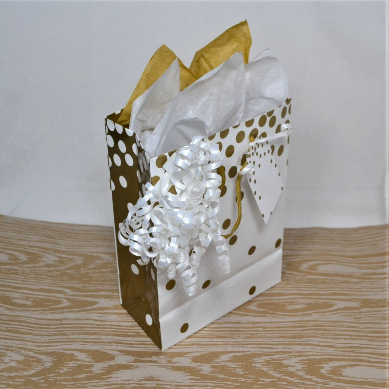 "At-home" Gift Wrap Kit - Gold & White Dots Gift Bag, All Occasion, Complete gift bag kit