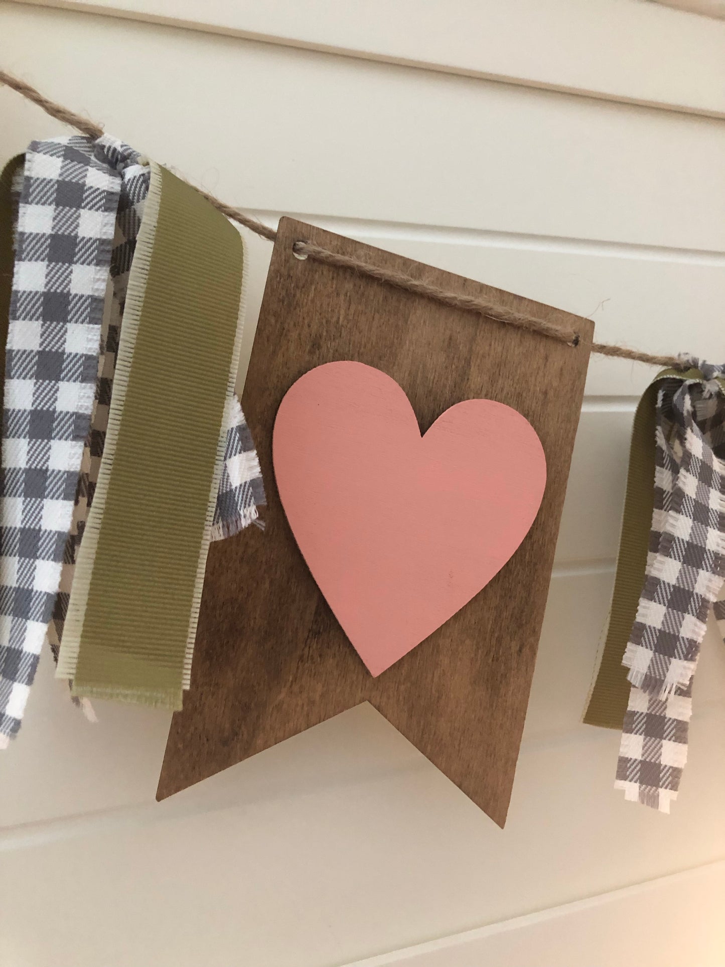 Hugs & Kisses 3-D Wood Hearts Banner Garland- Blush Pink Hearts and Olive Green Ribbon