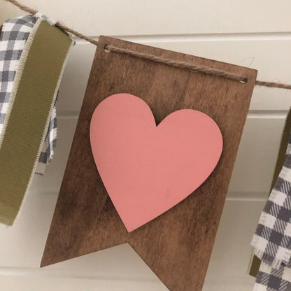 Hugs & Kisses 3-D Wood Hearts Banner Garland- Blush Pink Hearts and Olive Green Ribbon