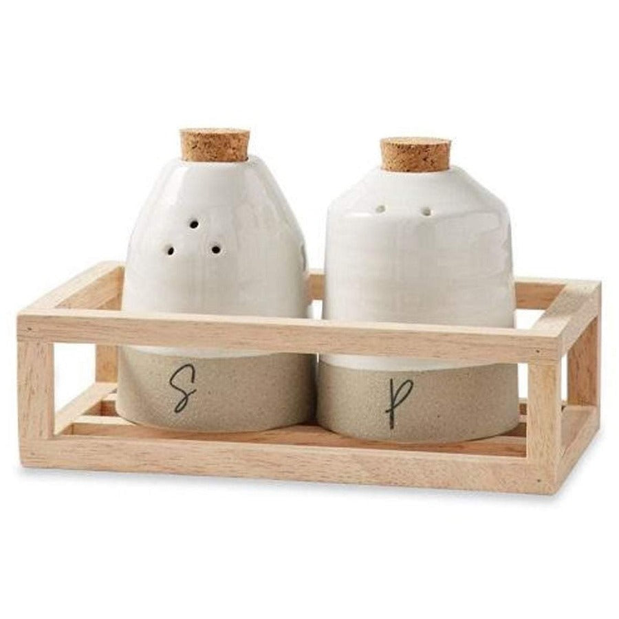 salt & pepper shaker with crate glazed stoneware textured design element