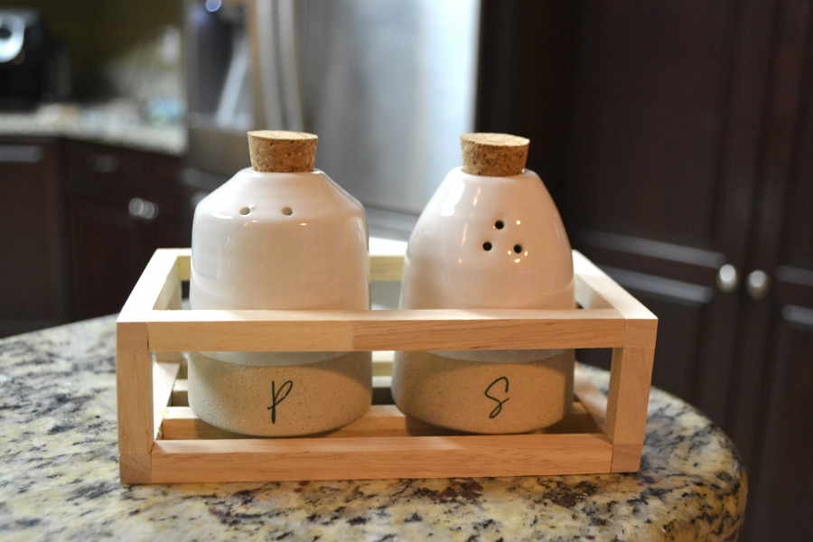 ceramic & stoneware salt & pepper shaker set in decorative wooden crate