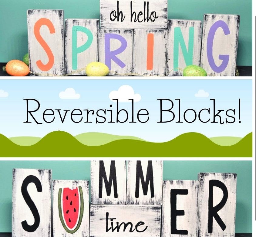 Spring/Summer reversible wood blocks hand painted with distressed look. 