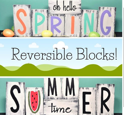 Spring/Summer reversible wood blocks hand painted with distressed look. 