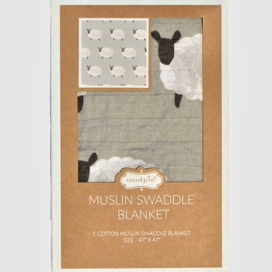 Muslin Swaddle Blanket- Lambs - 47" Square, neutral colors, grey with white and black sheep